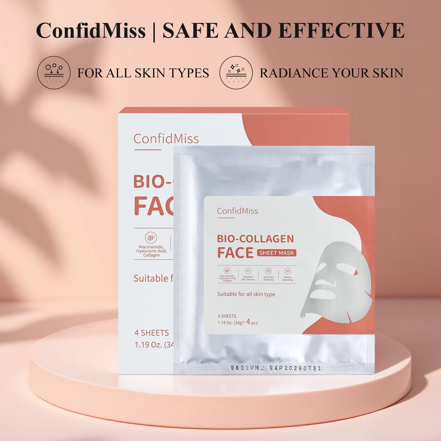 Bio-Collagen Face Mask for Smooths Skin Texture, Imporves Elasricity, Deeply Hydrating (4pcs/box)