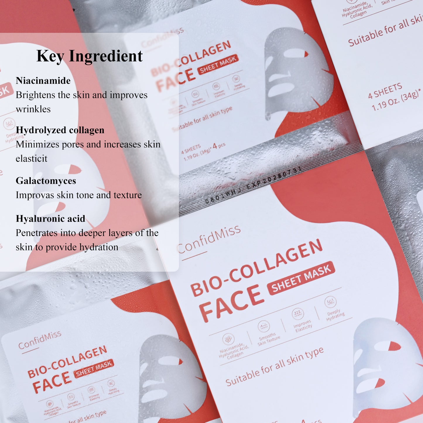 Bio-Collagen Face Mask for Smooths Skin Texture, Imporves Elasricity, Deeply Hydrating (4pcs/box)