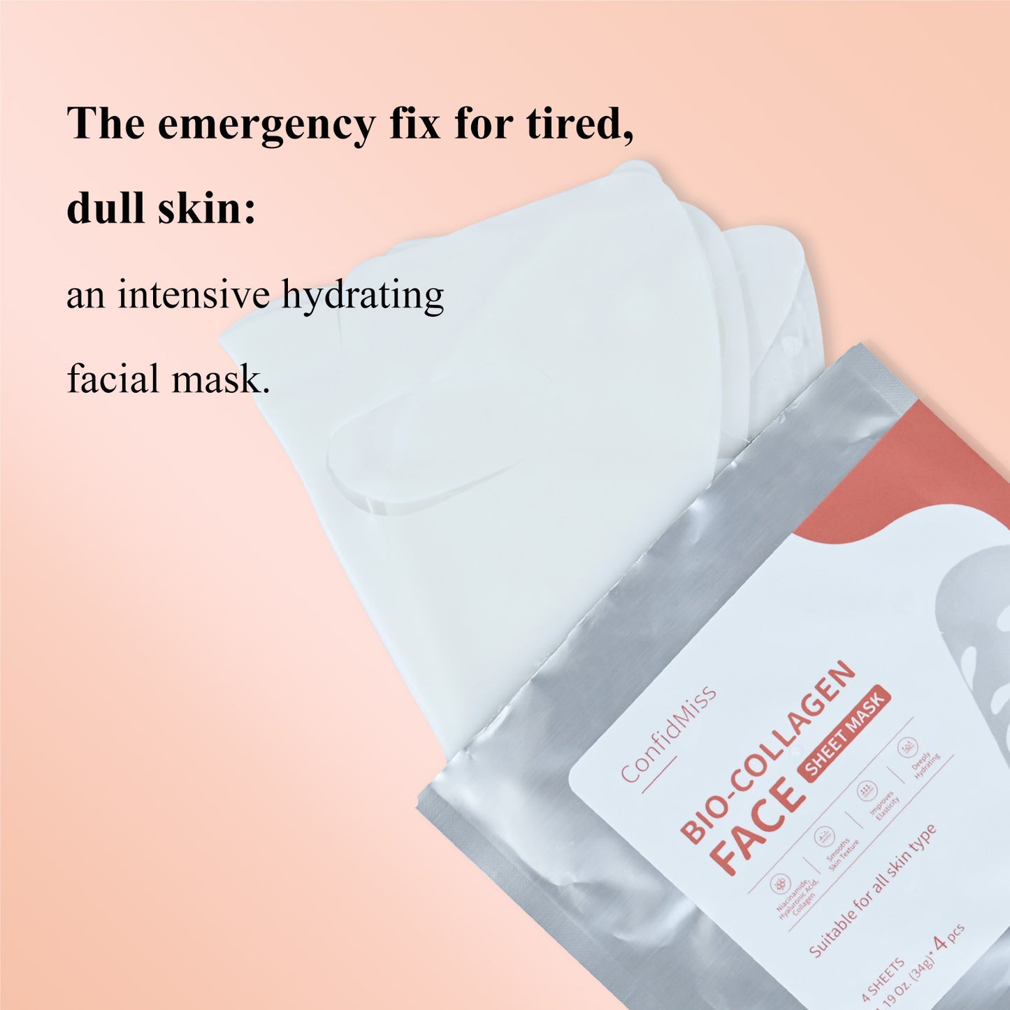 Bio-Collagen Face Mask for Smooths Skin Texture, Imporves Elasricity, Deeply Hydrating (4pcs/box)